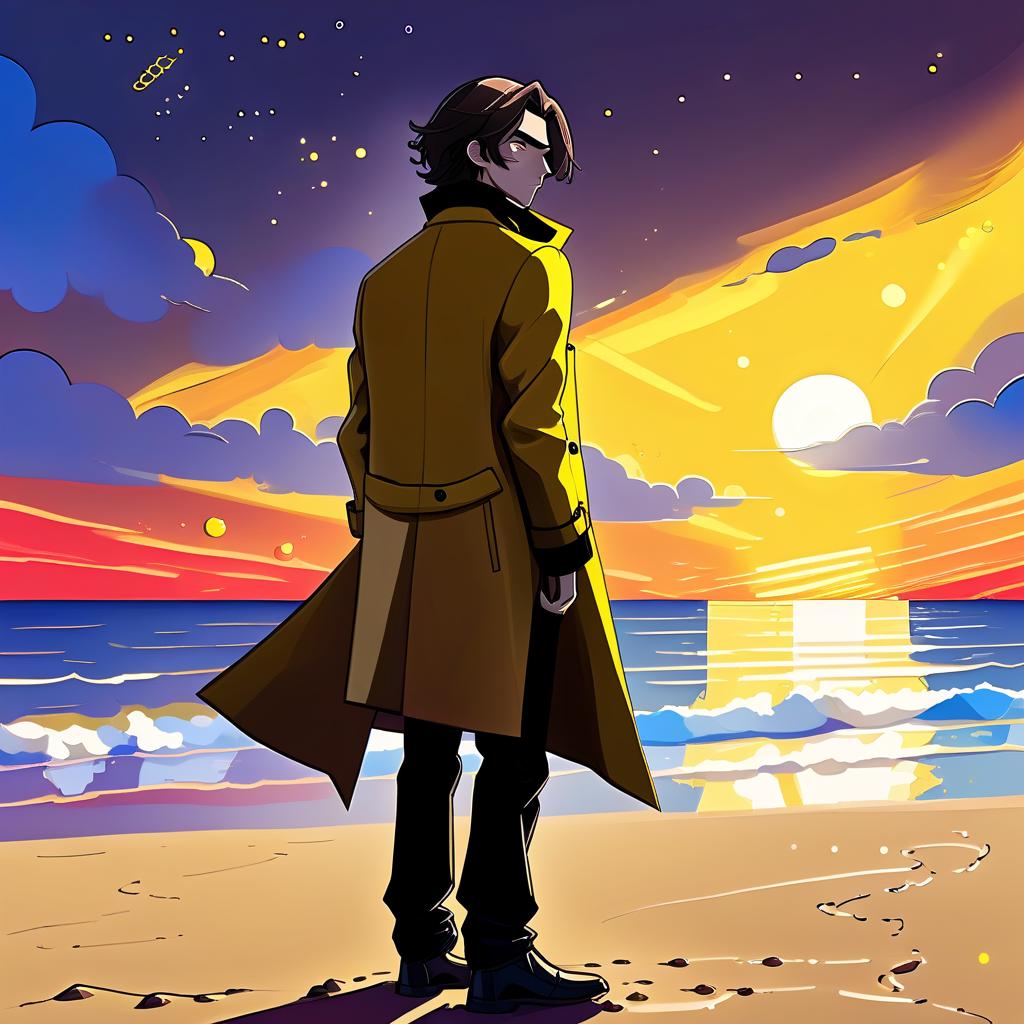  cybernetic style a young man stands alone on the beach. he has long dark brown hair, which flies slightly in the breeze. his face, with pronounced jewish and slavic features, radiates lively energy. brown eyes are full of deep emotions, as if reflecting the vast expanses of the ocean. he wears a bright yellow coat that seems to shine, catching the eye and contrasting with the soft shades of the sunset. under his coat he wears a black shirt and black pants are decorated with yellow elements, creating a stylish and dynamic look. the sunset with the night sky with bright blue, blue and yellow stars, and the outgoing red sun rays fall on the terrain in bright red stripes contrasting with the oncoming night. the image uses such colors and shades