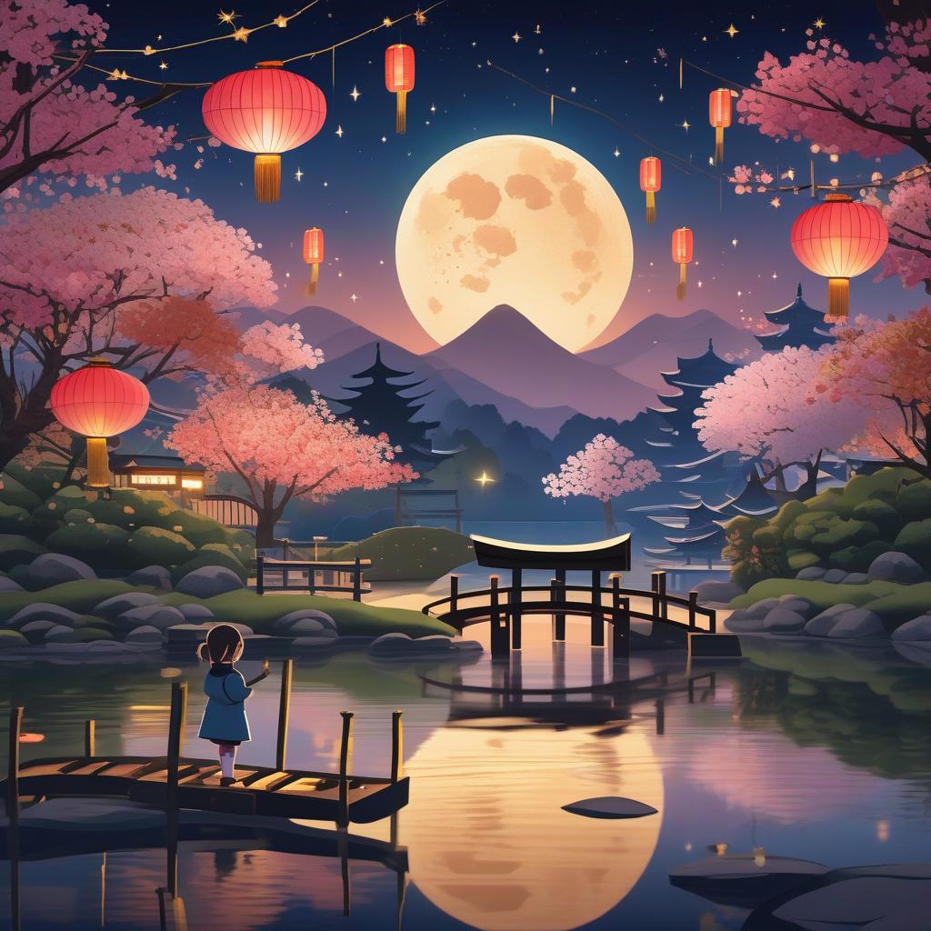  masterpiece, best quality, (fidelity:1.4), best quality, masterpiece, ultra high resolution, 8k resolution, night view inspired by Japanese art, featuring a garden lit by paper lanterns and a wooden bridge spanning a tranquil lake with a small Zen temple by the lake. The water reflects the stars, and a cute little girl plays by the lake.