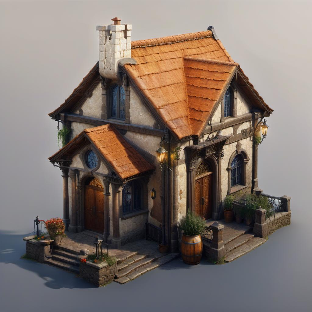  professional 3d model romanesque style house, tavern, old man's shop . octane render, highly detailed, volumetric, dramatic lighting, civitai, oil painting