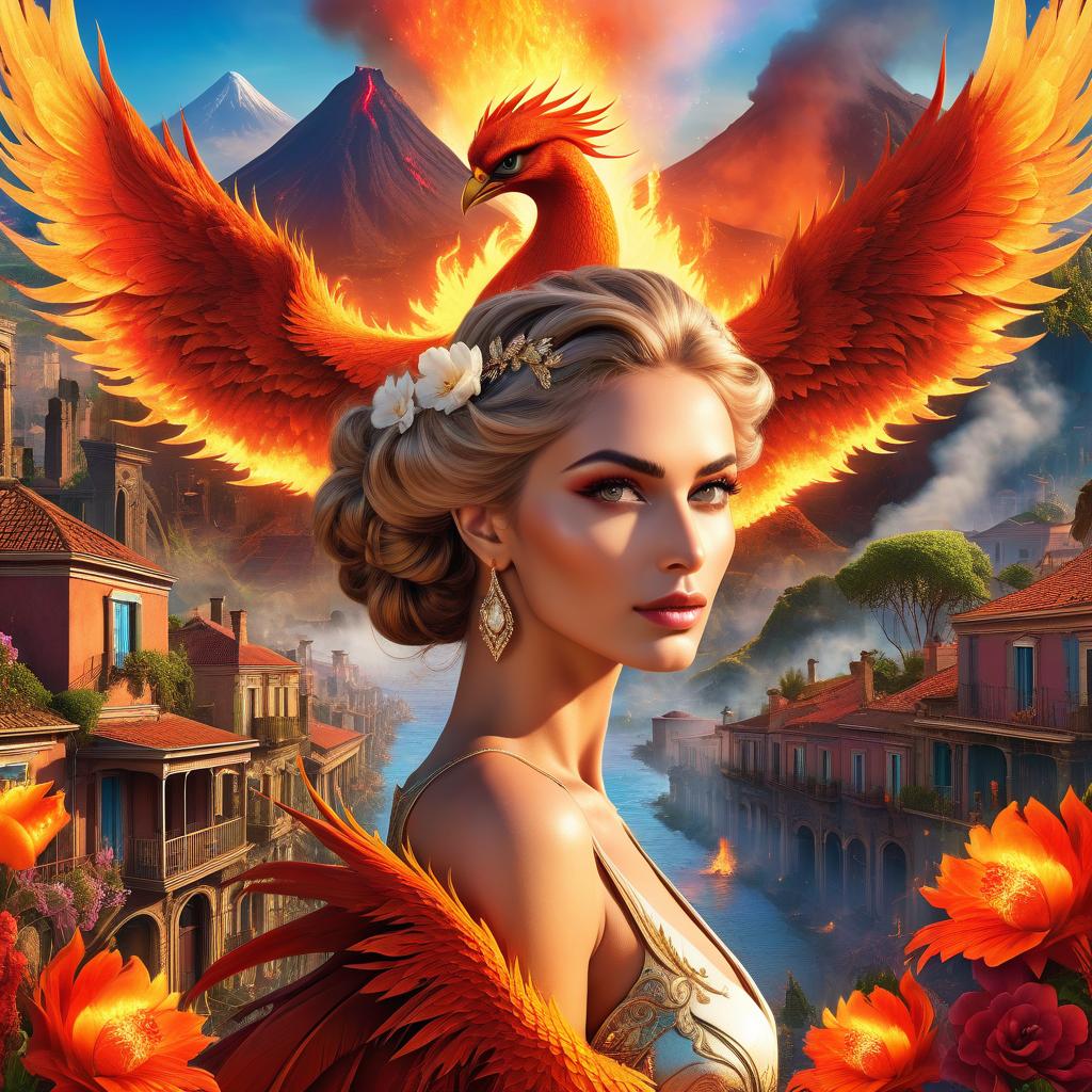  concept art (digital image, double exposure, masterpiece:1.3). (a beautiful girl in the image of a phoenix in vintage clothes, magnificent wings behind her back, expressive beautiful eyes, a look at the viewer:1.6). red ((fiery rivers of lava)), small rounded houses with pointed roofs. (background: eruption of vesuvius:1.4). a fascinating sight, (flowers from the flames:1.4), bright accents. revival. (in the style of josephine wall:1.5). high detail, realistic fantasy, 1024k resolution, hdr. . digital artwork, illustrative, painterly, matte painting, highly detailed, glowneon, hkmagic hyperrealistic, full body, detailed clothing, highly detailed, cinematic lighting, stunningly beautiful, intricate, sharp focus, f/1. 8, 85mm, (centered image composition), (professionally color graded), ((bright soft diffused light)), volumetric fog, trending on instagram, trending on tumblr, HDR 4K, 8K