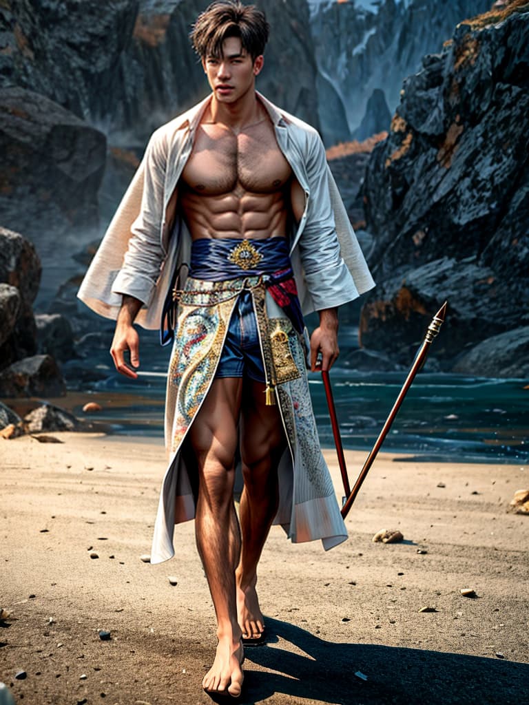  masterpiece, best quality: 1.4, high level, 8k resolution, a handsome guy with abs, bare feet, slender toes, clear foot patterns hyperrealistic, full body, detailed clothing, highly detailed, cinematic lighting, stunningly beautiful, intricate, sharp focus, f/1. 8, 85mm, (centered image composition), (professionally color graded), ((bright soft diffused light)), volumetric fog, trending on instagram, trending on tumblr, HDR 4K, 8K