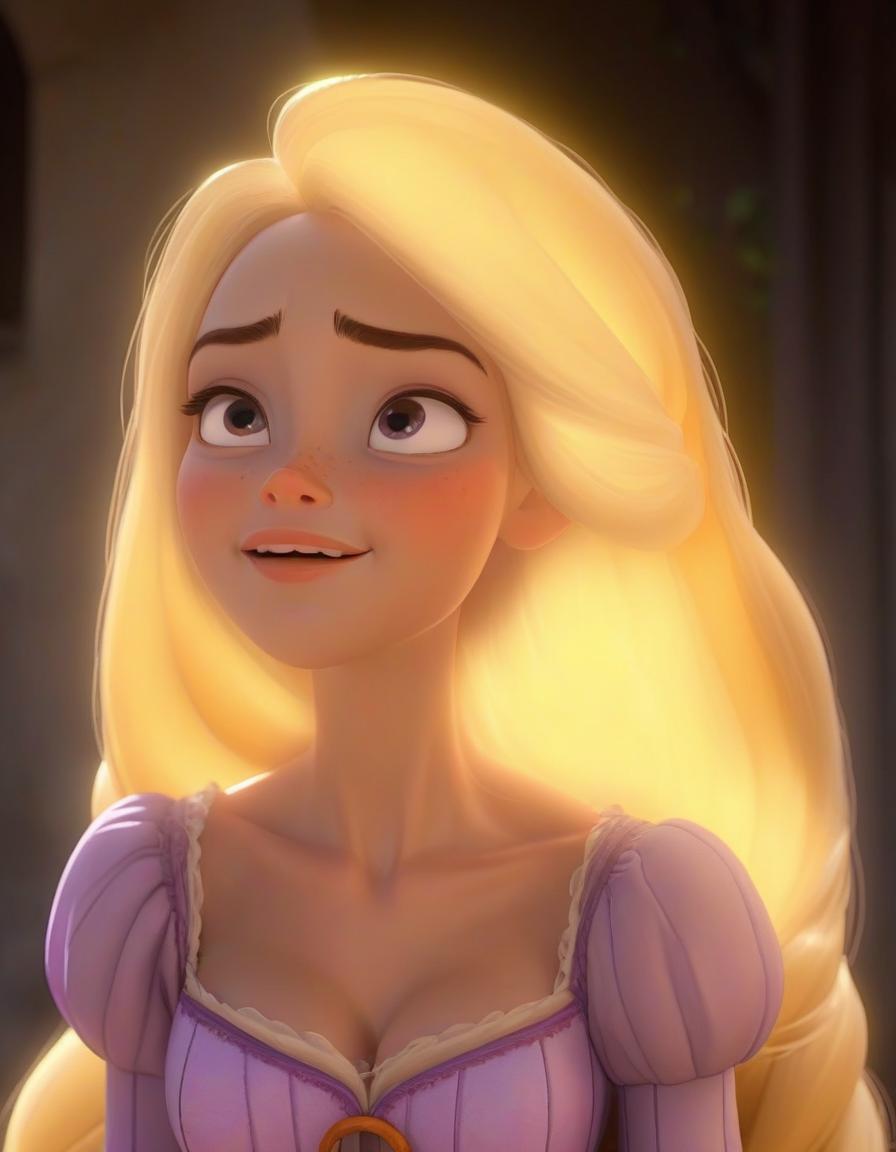  images of cartoon rapunzel character which is eating an orange, white light at sunny noon