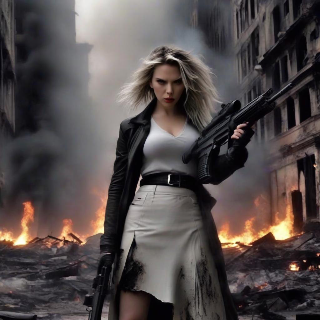  macabre style dark fantasy. scarlett johansson in the form of a stalker with a machine gun with white and black straight hair, in long white leather skirts, in plate shoulder pads and plated wrists, in full growth. in a destroyed post apocalyptic city with buildings destroyed by flames. . dark, gothic, grim, haunting, highly detailed, perfecteyes, perfect hands