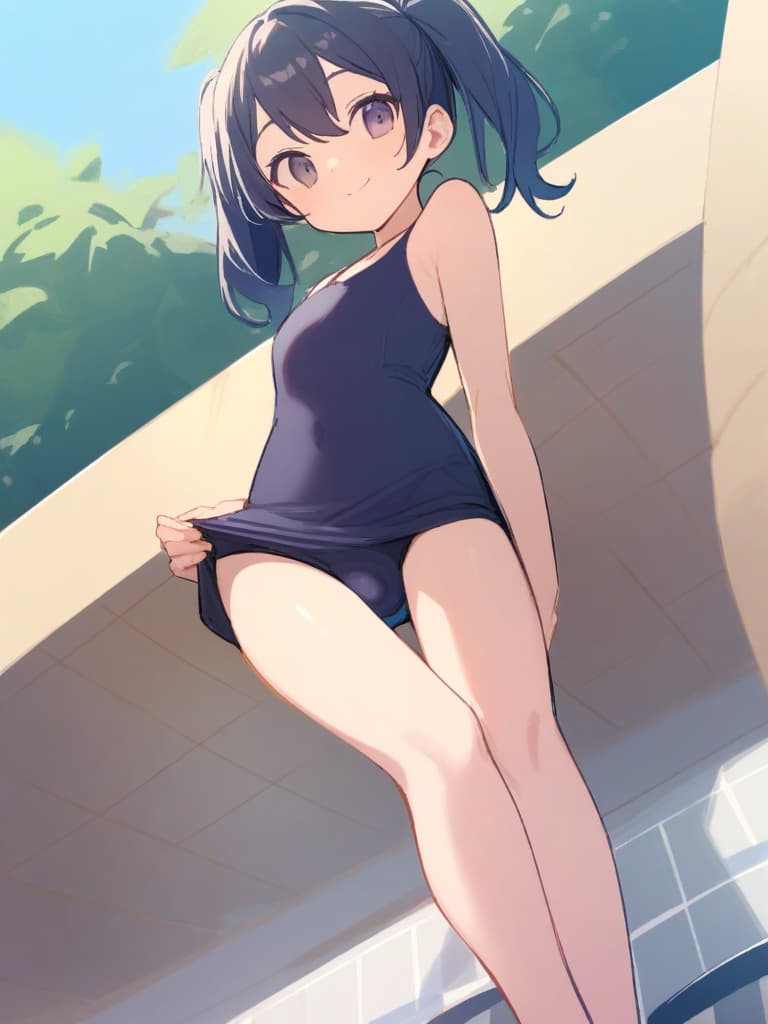  women's elementary students (male), twin tails, cute smiles, (rich s), short stature, dark blue swimwear, old swimwear, swimwear, simple, (upward), upward, (bulge), front, whole body, pool side ,,,