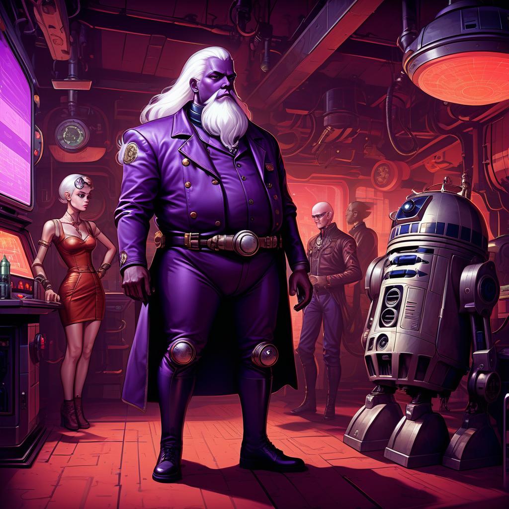  retro game art a group of space truckers, a young alien, 20 year, purple skin, large size elastic , elegant thin waist, long slender legs, white hair. man, 40 year, small, fat, bald, black. next to the droid and minotaur. full length image, steampunk, dieselpunk, paropunk, standing in a tavern, against a background of red light. . 16 bit, vint colors, pixelated, nostalgic, charming, fun