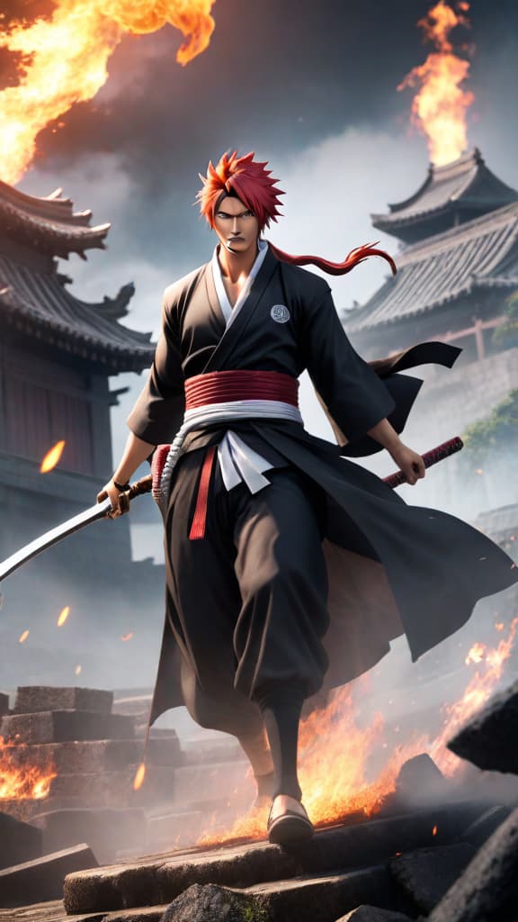  renji from bleach amidst battle ruins, holding transformed, glowing serpentine zabimaru, unleashing attacks in anime art hyperrealistic, full body, detailed clothing, highly detailed, cinematic lighting, stunningly beautiful, intricate, sharp focus, f/1. 8, 85mm, (centered image composition), (professionally color graded), ((bright soft diffused light)), volumetric fog, trending on instagram, trending on tumblr, HDR 4K, 8K