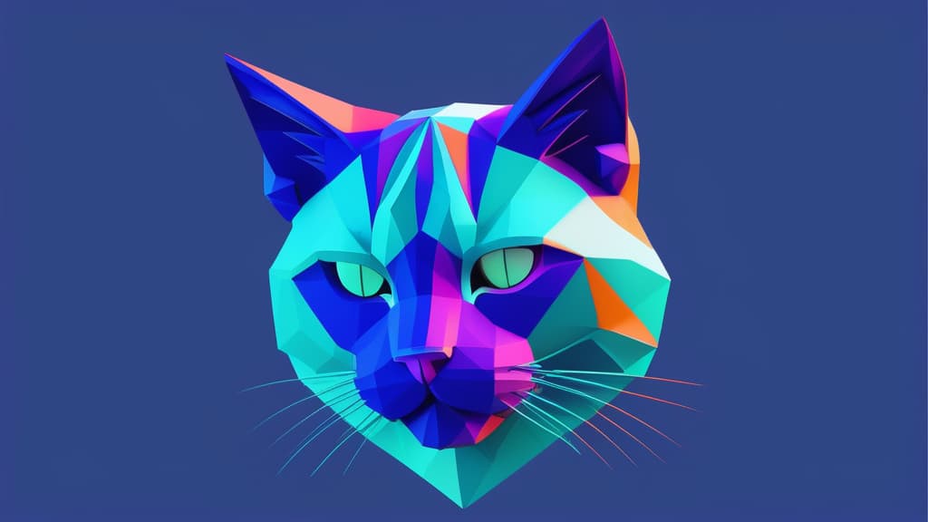  Cat, purple and turquoise, no background ar 16:9, colorful, low poly, cyan and orange eyes, poly hd, 3d, low poly game art, polygon mesh, jagged, blocky, wireframe edges, centered composition