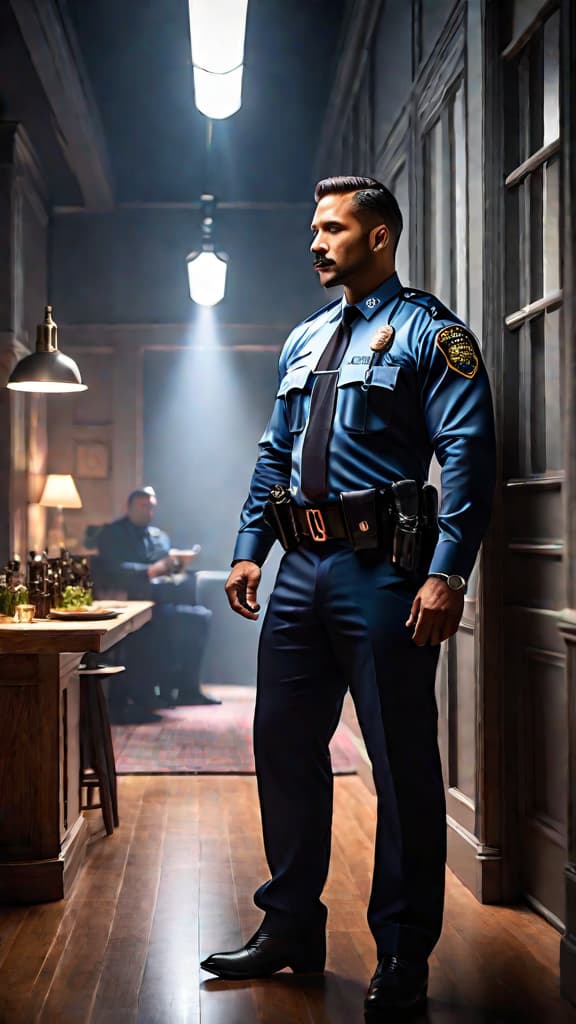  police officers talking to a calm, charming man in a dimly lit apartment, mystery art. hyperrealistic, full body, detailed clothing, highly detailed, cinematic lighting, stunningly beautiful, intricate, sharp focus, f/1. 8, 85mm, (centered image composition), (professionally color graded), ((bright soft diffused light)), volumetric fog, trending on instagram, trending on tumblr, HDR 4K, 8K