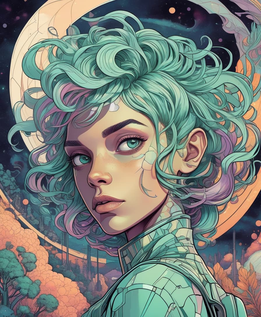  sci fi style light, centered, colorful, modern illustration of a girl with wild swirling mint hair full of landscapes. portrait, fibonacci sequence, tessellation, art nouveau, heavy outline comic book . futuristic, technological, alien worlds, space themes, advanced civilizations