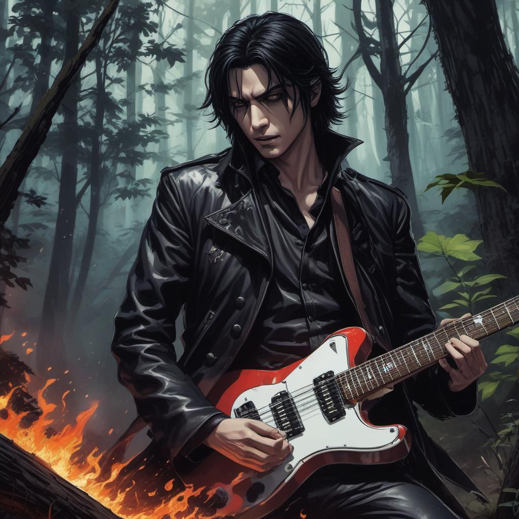  un vampire guitare hero dans une forêt hantée , comic style, manga and manhwa style, painting style