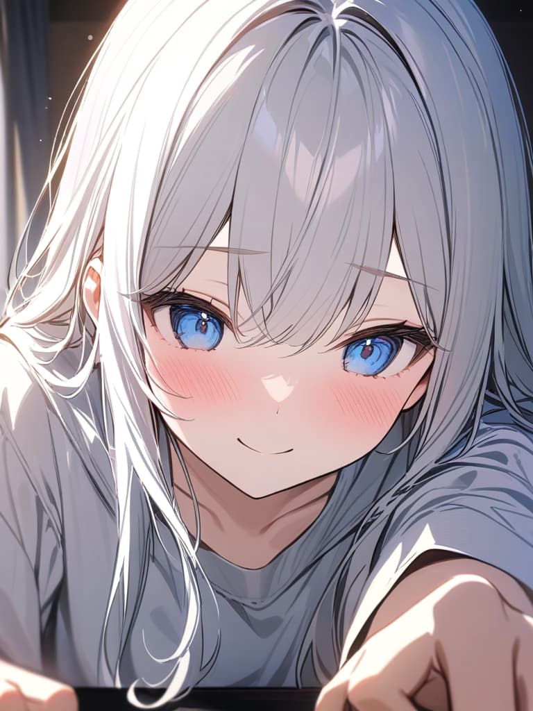  cute, girl, high image quality, blush, white hair, long hair, blue eyes, smiles, crouching, the upper body is reflected, masterpiece, best quality,8k,ultra detailed,high resolution,an extremely delicate and beautiful,hyper detail