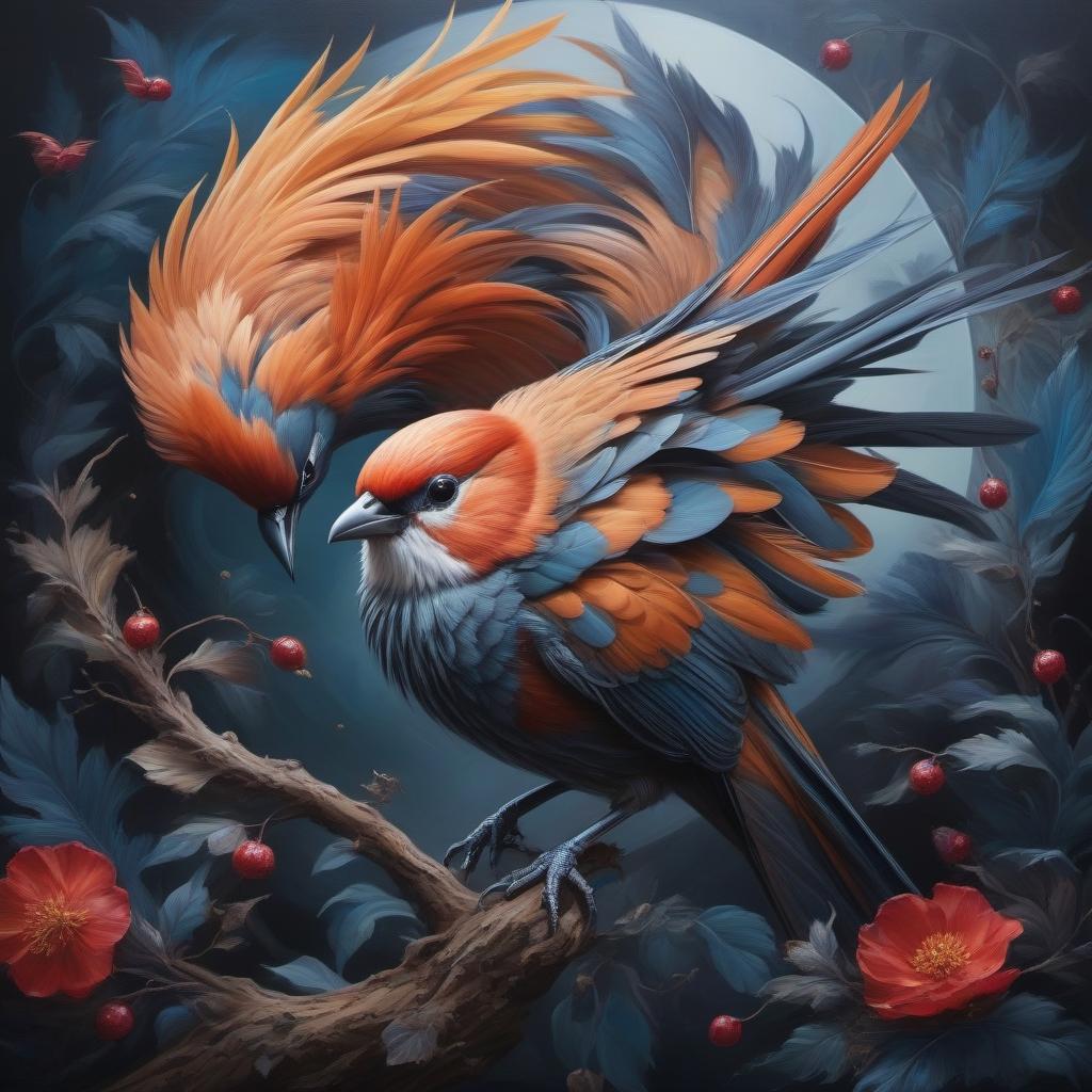  Beautiful birds, abstract oil painting with philosophical overtones "flight of fancy" hyperrealistic, full body, detailed clothing, highly detailed, cinematic lighting, stunningly beautiful, intricate, sharp focus, f/1. 8, 85mm, (centered image composition), (professionally color graded), ((bright soft diffused light)), volumetric fog, trending on instagram, trending on tumblr, HDR 4K, 8K