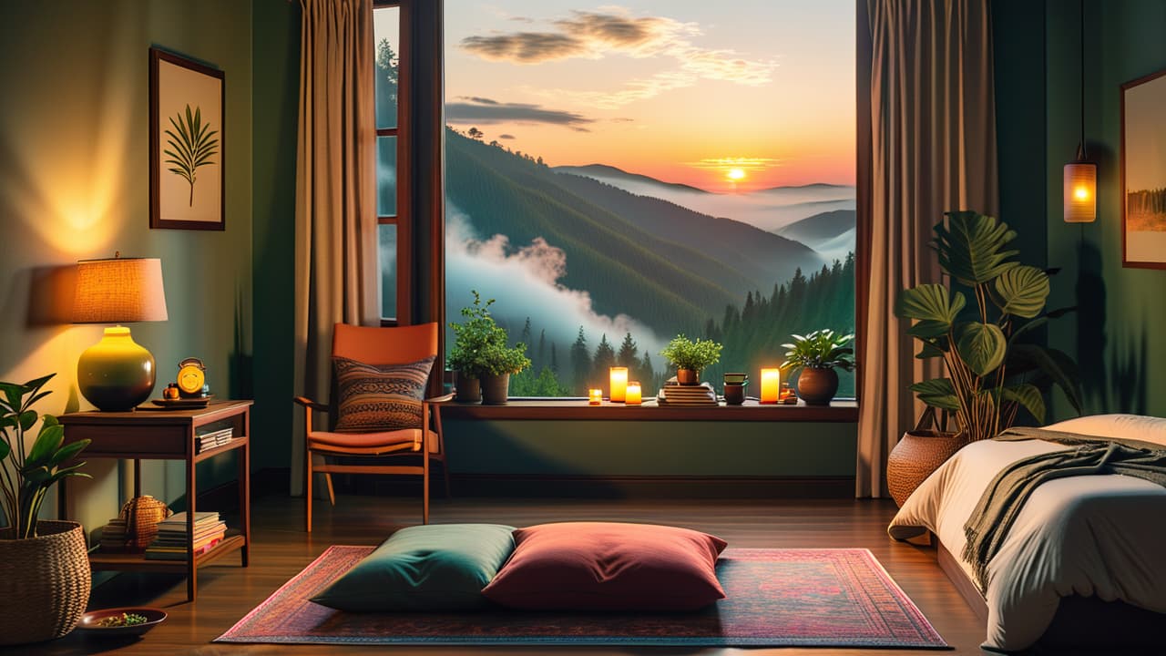  a serene sunrise illuminates a cozy bedroom with a neatly made bed, a steaming cup of herbal tea, a journal open on a bedside table, and a yoga mat rolled out, inviting mindfulness. hyperrealistic, full body, detailed clothing, highly detailed, cinematic lighting, stunningly beautiful, intricate, sharp focus, f/1. 8, 85mm, (centered image composition), (professionally color graded), ((bright soft diffused light)), volumetric fog, trending on instagram, trending on tumblr, HDR 4K, 8K