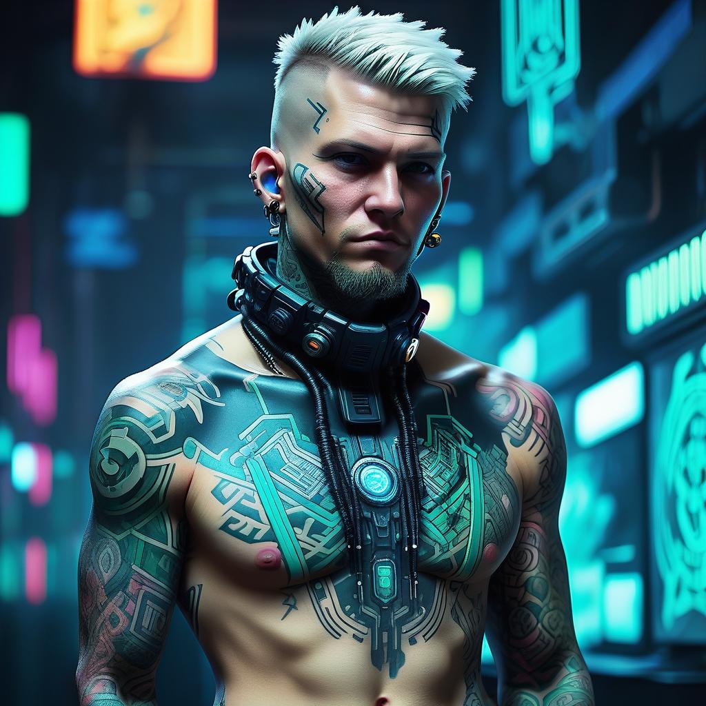  cyberpunk game style white male, fully tattoed, tattoo on neck, slavic, netrunner . neon, dystopian, futuristic, digital, vibrant, detailed, high contrast, reminiscent of cyberpunk genre video games