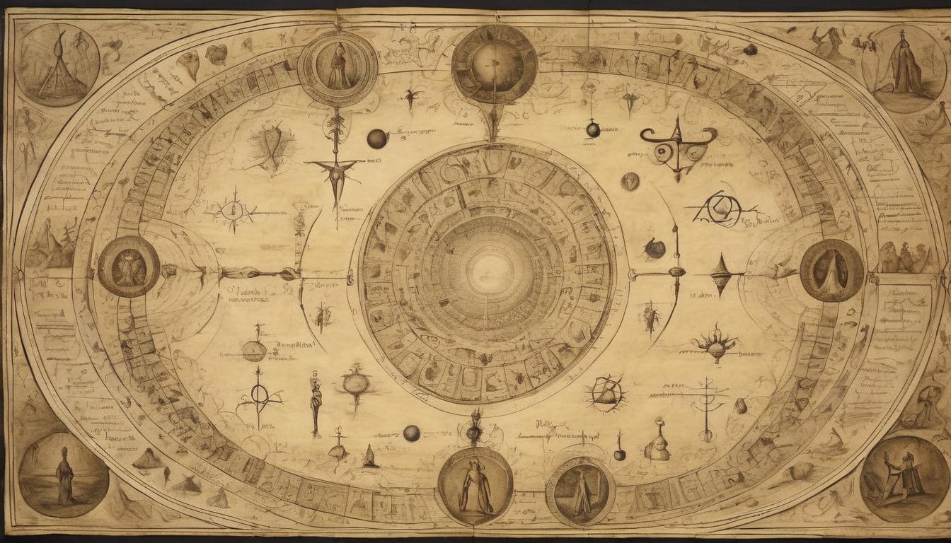  on parchment, surrealism++, a glowing chamber filled with cosmic symbols, figures in awe, transcendence, prestige(mysterious, provocative, symbolic)++