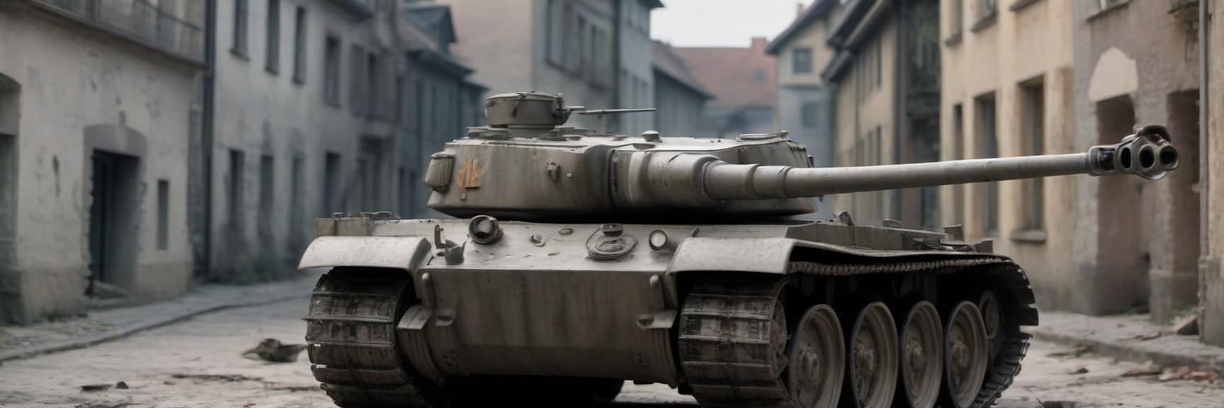  cinematic photo generate a german tiger 1 tank as similar as world war ii on a ruined street. make it even more like a tank from that historical period. paint it gray. the muzzle compensator on the barrel should have only one hole, not two. . 35mm photograph, film, bokeh, professional, 4k, highly detailed