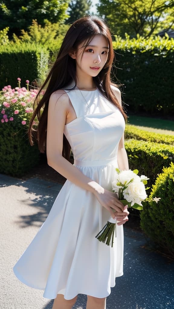  masterpiece, high quality, 4K, HDR BREAK A beautiful young Japanese woman with long dark hair, wearing a white dress and holding a bouquet of flowers. BREAK White dress, bouquet of flowers BREAK Standing, facing the camera with a gentle smile BREAK Outdoor garden setting with flowers and greenery hyperrealistic, full body, detailed clothing, highly detailed, cinematic lighting, stunningly beautiful, intricate, sharp focus, f/1. 8, 85mm, (centered image composition), (professionally color graded), ((bright soft diffused light)), volumetric fog, trending on instagram, trending on tumblr, HDR 4K, 8K