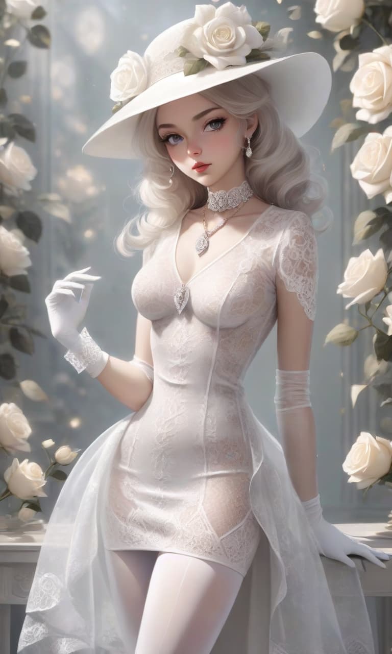  the girl is beautiful in a white tight transparent dress with patterns, white tights, white gloves, a white necklace, a white hat with a white rose. elegant aristocrat, realistic body, realistic clothes.