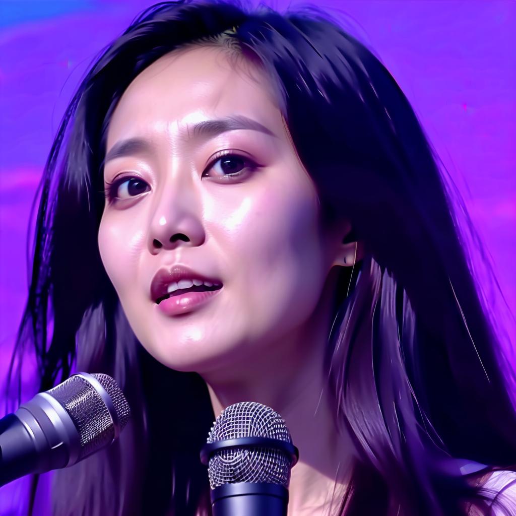  a dark haired chinese woman with large eyes and long loose hair sings in front of a microphone against a dark lilac sky, hkmagic