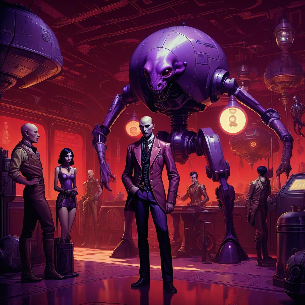  retro game art a group of smugglers, a young with purple skin of an alien appearance, 20 year, small , elegant thin waist, long slender legs, black hair. a man with a , 40 year, small growth, bald, black. next to the droid and minotaur. full length image, steampunk, dieselpunk, paropunk, standing in a space tavern, against a background of red light. . 16 bit, vint colors, pixelated, nostalgic, charming, fun