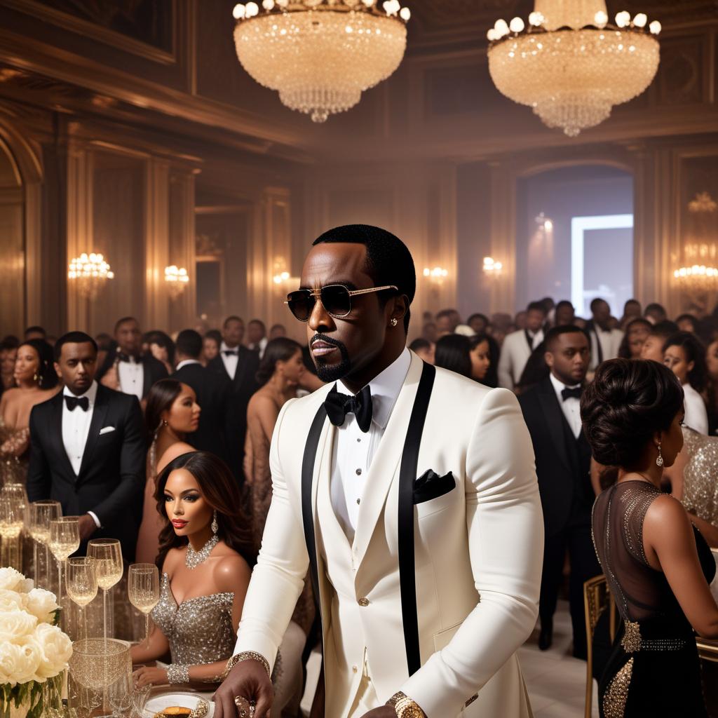  A luxurious and glamorous party hosted by P. Diddy. The scene features a lavish venue decorated with high-end decorations and sophisticated lighting. Celebrities from the entertainment industry, dressed in elegant attire according to a thematic dress code, are mingling and enjoying the event. There is a stage with live music performances by famous artists. Guests are served gourmet food and top-shelf alcoholic beverages. Tight security is present to ensure safety. The overall atmosphere is one of opulence and exclusivity. hyperrealistic, full body, detailed clothing, highly detailed, cinematic lighting, stunningly beautiful, intricate, sharp focus, f/1. 8, 85mm, (centered image composition), (professionally color graded), ((bright soft diffused light)), volumetric fog, trending on instagram, trending on tumblr, HDR 4K, 8K