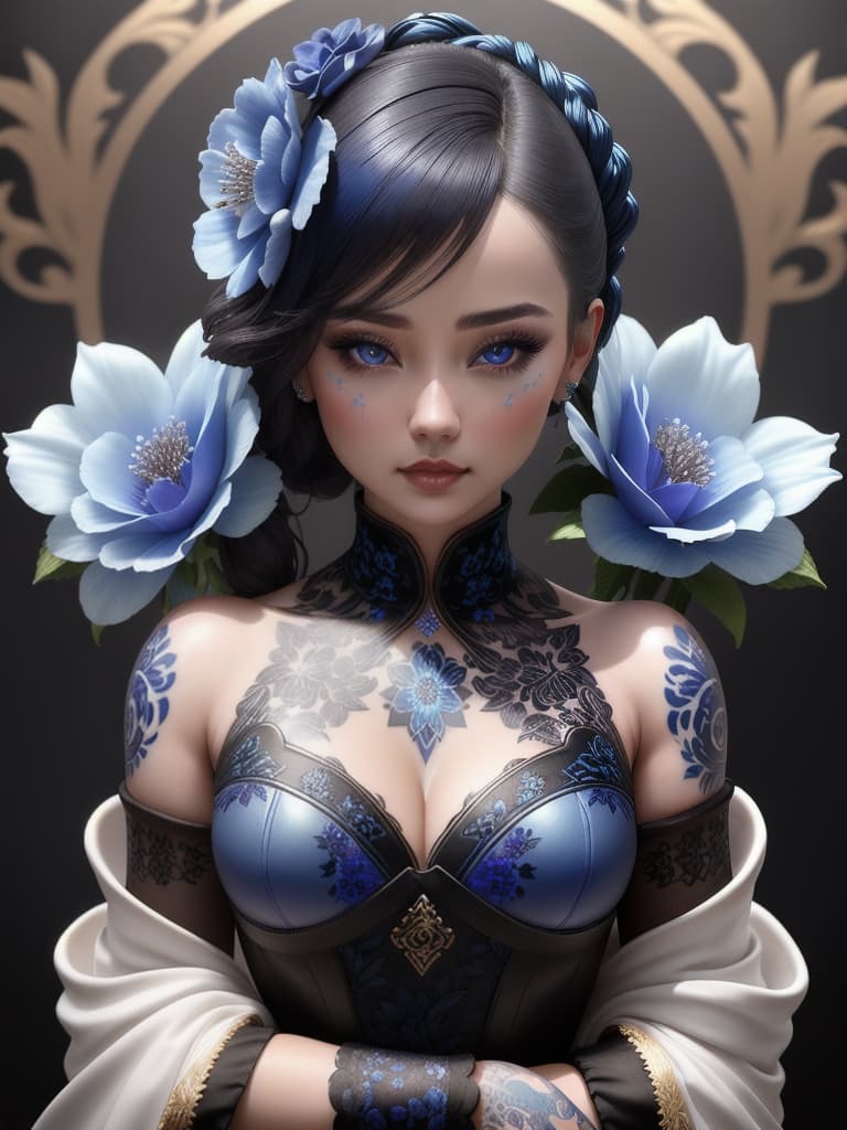  Close-up porcelain female figurine, looking to the camera, glossy surface, glaze, shiny, blue floral tattoos on her, dark gradient background, baroque dark style, hyperrealistic, CG society, intricate details