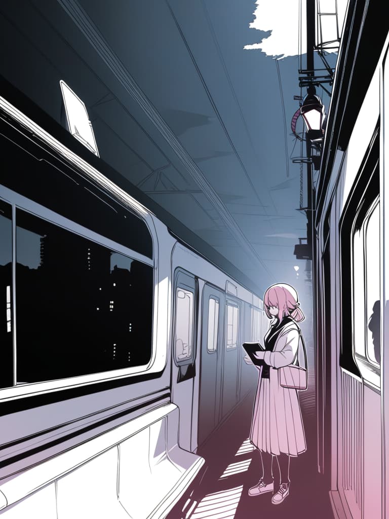  a girl standing on a train platform reading a book,an anime drawing,conceptual art,iphone background,((pink)),high contrast illustration,heavy winter aesthetics,studio gainax illustration,holding a book,anime style”