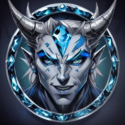  diamond devil, portrait. dark green eyes, man. hair gray. with fangs and horns. colors blue, blue, silver