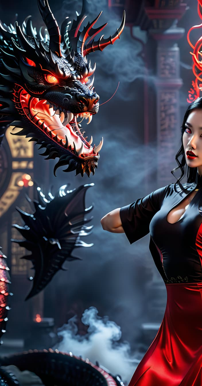  a girl in a black tight fitting silk dress, black hair, an open neckline on the dress, in the background a black dragon with red teeth and eyes, a dark background., perfecteyes, hkmagic, glowneon hyperrealistic, full body, detailed clothing, highly detailed, cinematic lighting, stunningly beautiful, intricate, sharp focus, f/1. 8, 85mm, (centered image composition), (professionally color graded), ((bright soft diffused light)), volumetric fog, trending on instagram, trending on tumblr, HDR 4K, 8K