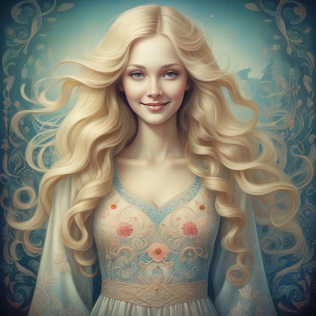  surrealist art a charming slavic woman. long blonde wavy hair. smile. russian folk dress without cutouts. art by janet holloway, art by anna dittmann, art by chris ofilil . dreamlike, mysterious, provocative, symbolic, intricate, detailed