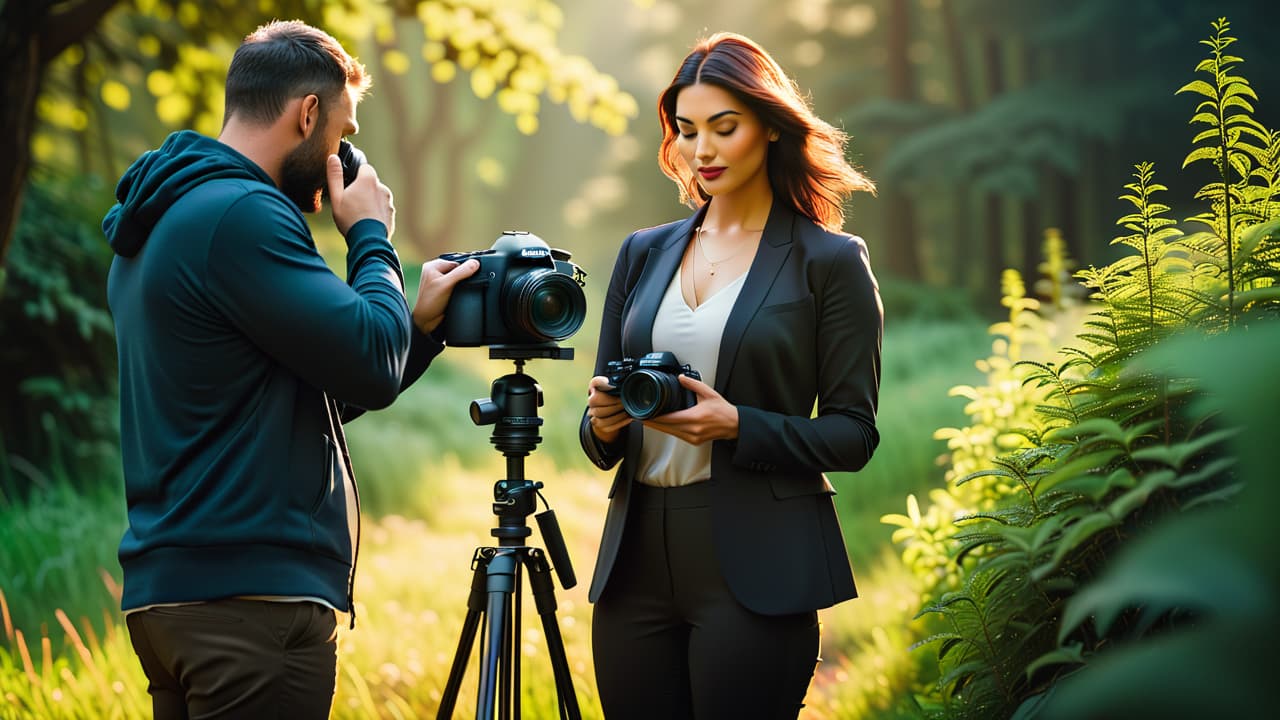  a serene outdoor setting with a photographer capturing a couple's portrait, surrounded by lush greenery and soft sunlight. showcase a camera, tripod, and props, emphasizing professionalism and creativity in freelance photography. hyperrealistic, full body, detailed clothing, highly detailed, cinematic lighting, stunningly beautiful, intricate, sharp focus, f/1. 8, 85mm, (centered image composition), (professionally color graded), ((bright soft diffused light)), volumetric fog, trending on instagram, trending on tumblr, HDR 4K, 8K