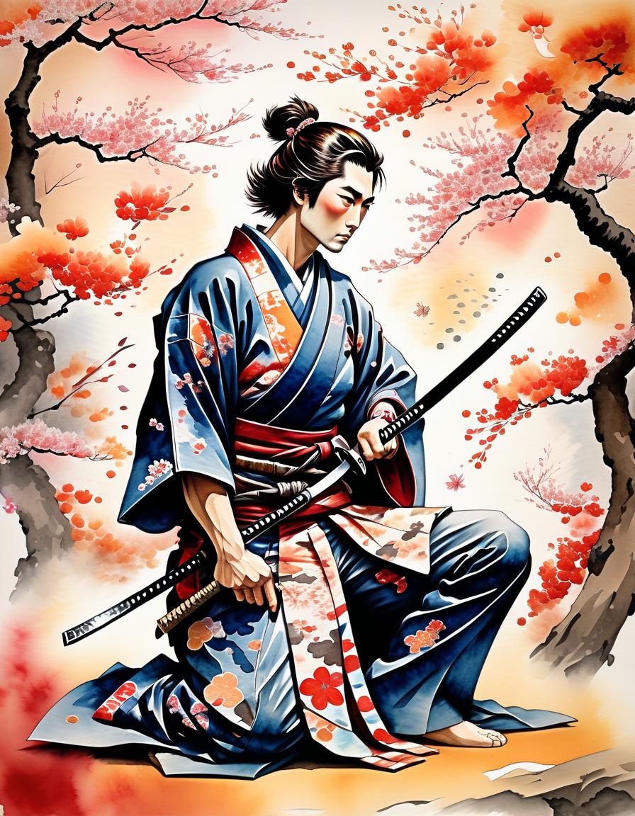  watercolor painting masterpiece. ancient japanese print.(samurai, with a katana at his belt, down on one knee giving a cherry blossom to a beloved in a beautiful kimono, around a whirlwind of autumn leaves:1.5). the style of ancient japanese prints . vibrant, beautiful, painterly, detailed, textural, artistic, perfecteyes