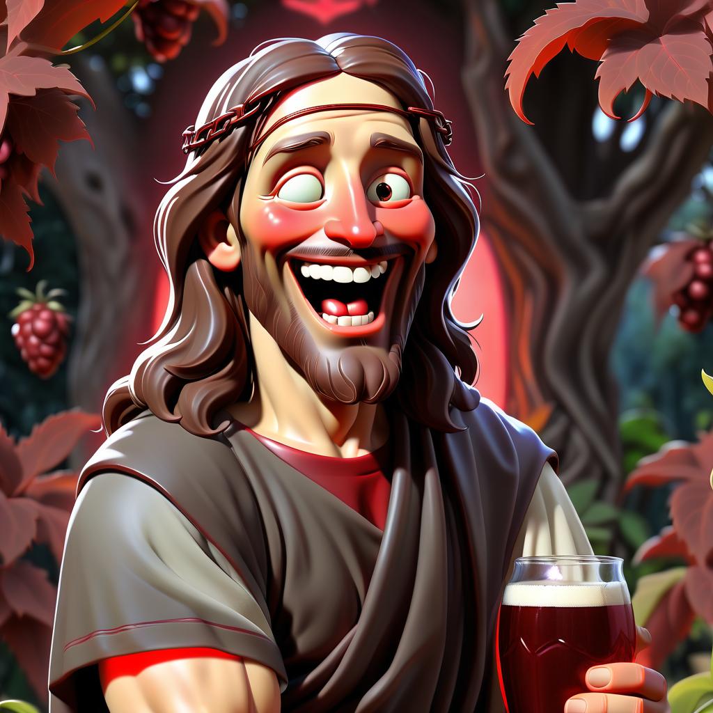  jesus with red beer in hand, restrained smile, garden of eden in the background