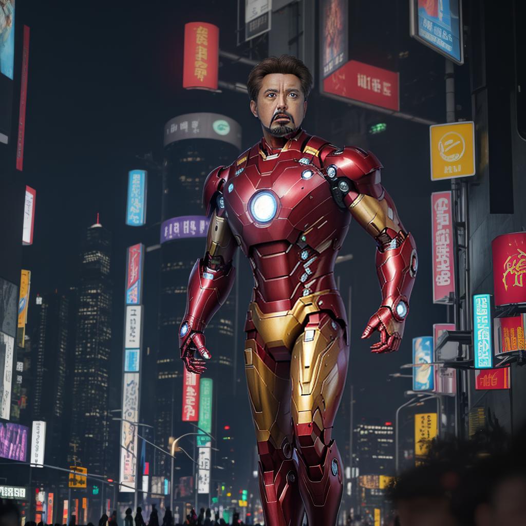  masterpiece, best quality, Best quality, masterpiece, 8k resolution, realistic, highly detailed, close up of Iron Man. In a cyberpunk-style night scene of the city, he stands on a street lined with tall buildings. The city's night lights are bright, The surrounding buildings and streets are filled with cyberpunk elements such as neon lights, high-tech devices, and futuristic architectural designs.