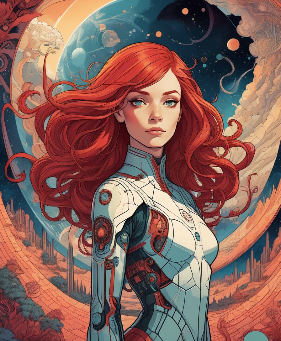  sci fi style light, centered, colorful, modern illustration of a girl with wild swirling red hair full of landscapes. portrait, fibonacci sequence, tessellation, art nouveau, heavy outline comic book . futuristic, technological, alien worlds, space themes, advanced civilizations