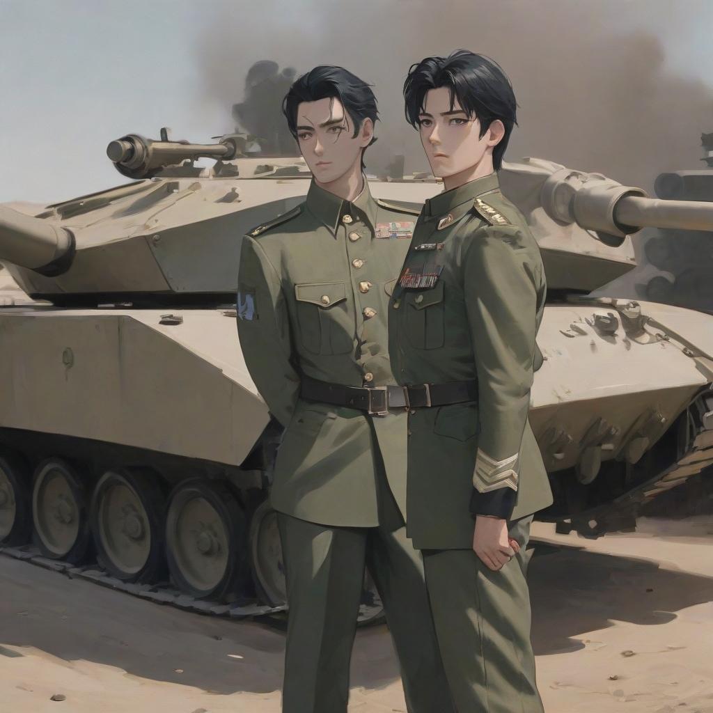  a man with black hair and military uniform stands by a tank