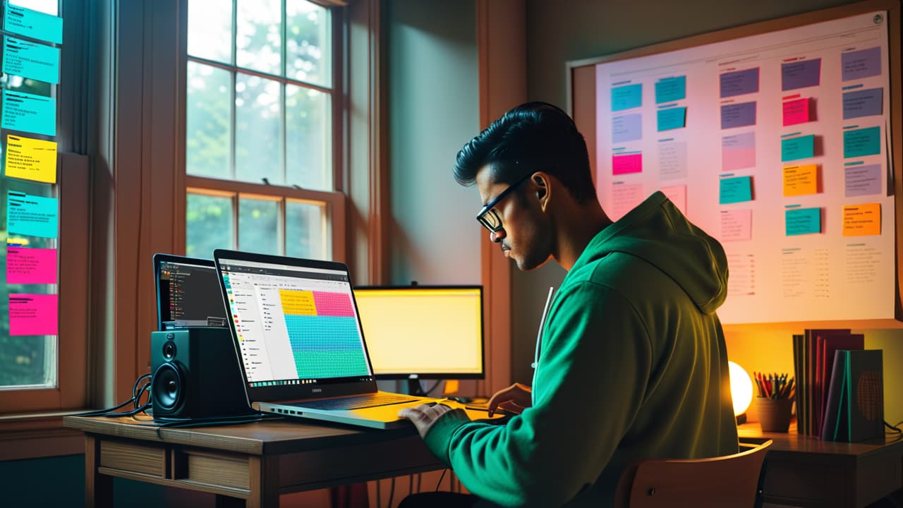  a person sitting at a desk surrounded by colorful flowcharts, diagrams, and code snippets, with a laptop displaying an api interface, sunlight streaming through a window, creating an inspiring learning atmosphere. hyperrealistic, full body, detailed clothing, highly detailed, cinematic lighting, stunningly beautiful, intricate, sharp focus, f/1. 8, 85mm, (centered image composition), (professionally color graded), ((bright soft diffused light)), volumetric fog, trending on instagram, trending on tumblr, HDR 4K, 8K