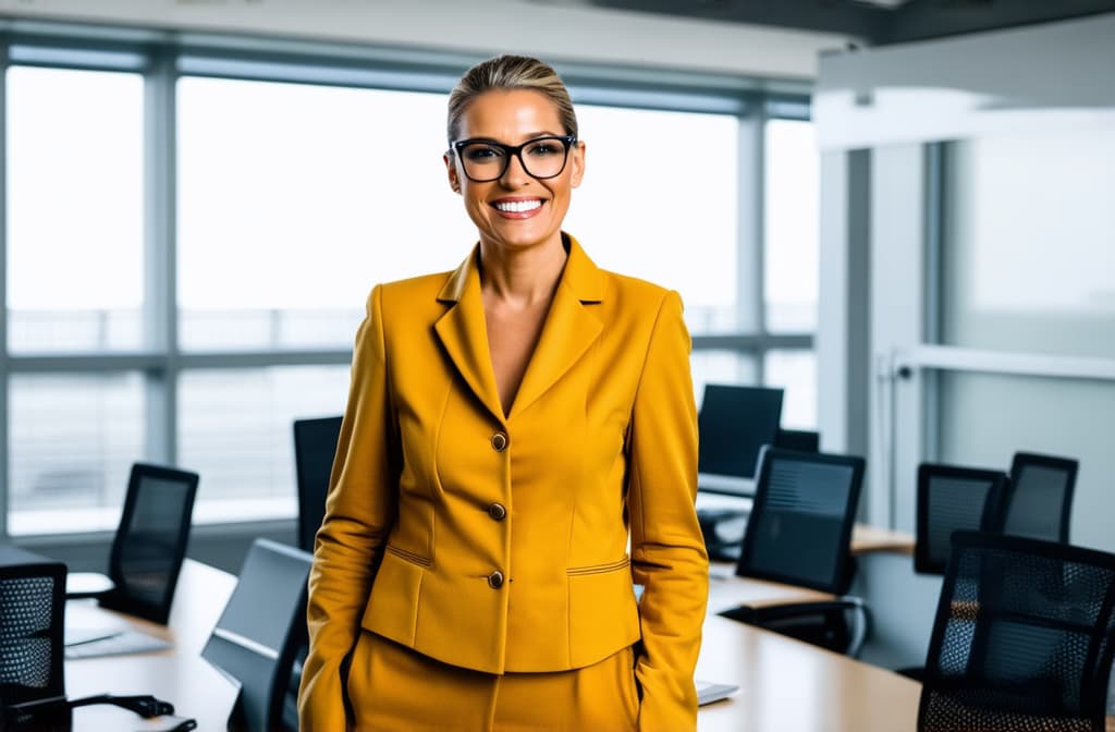  professional detailed photography, portrait of smiling businesswoman in mustard jacket and black glasses standing in open plan office. happy female professional executive manager, financial banking or marketing data. ar 3:2, (muted colors, dim colors, soothing tones), (vsco:0.3)