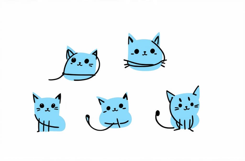  contour, very simple image in one unbroken black ink line, single line of blue cats with funny faces. simple flat color illustration. ar 3:2 using a single continuous black line ink brushon white background, drawing should be created without lifting the pen, recognizable features of blue cats with funny faces. simple flat color illustration. ar 3:2 in one unbroken line