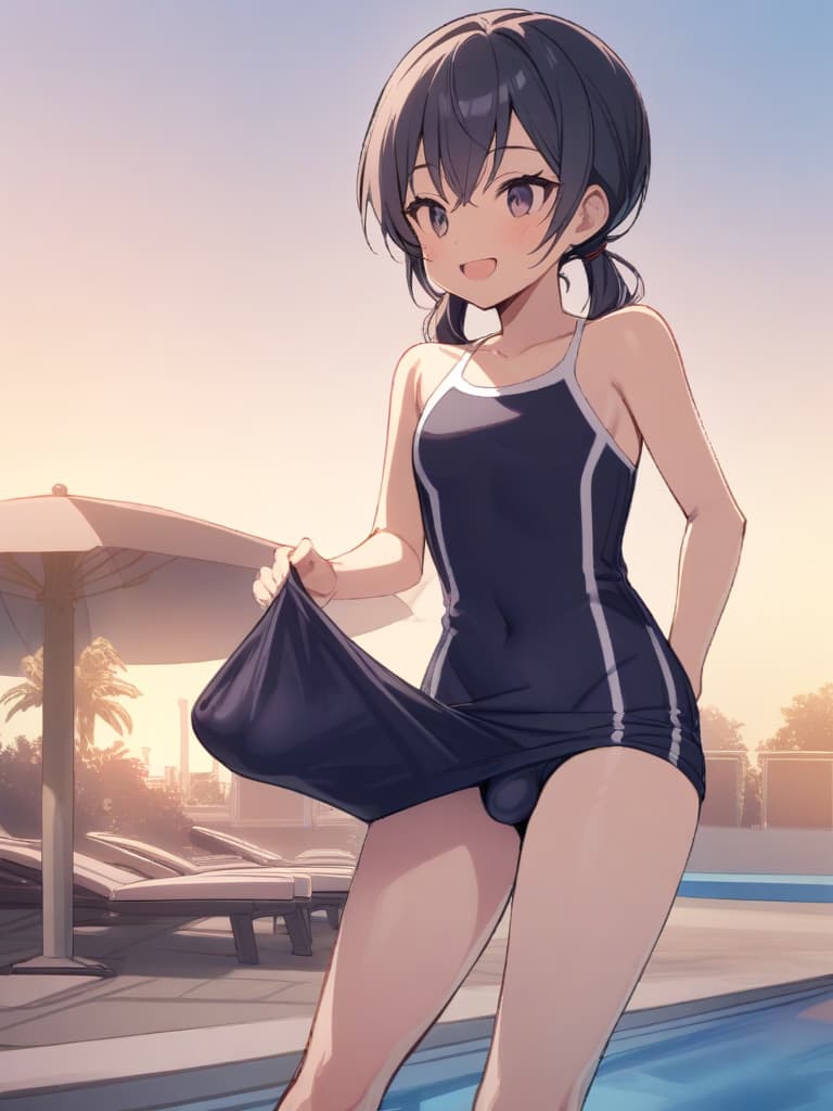  women's elementary students (male), twin tails, cute smiles, (rich s), low stature, dark blue swimwear, old swimwear, , simple (upward), male , (bulge), shaped clear , front , whole body, pool side,