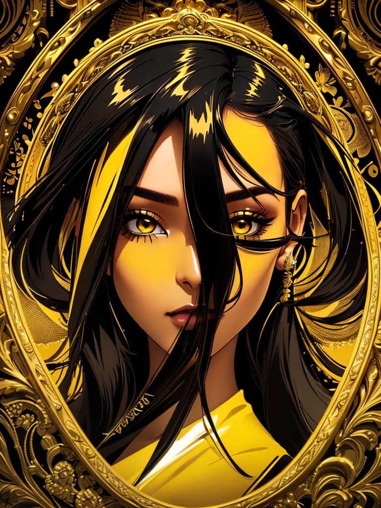  Golden yellow and sleek black color palette, captivating and inviting expression, exuding elegance and charm, magnetic beauty, intricate details, high contrast, luxurious feel, digital art, female, glossy finish, striking composition, dynamic lighting to enhance features.