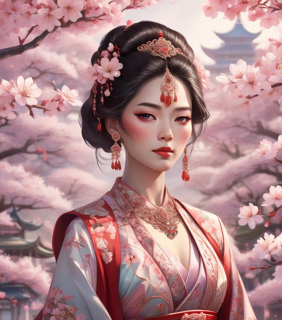  an illustration of a woman in traditional asian attire with intricate jewelry, against a backdrop of cherry blossoms. a gorgeous asian woman in an elaborate, dramatic, traditional costume.