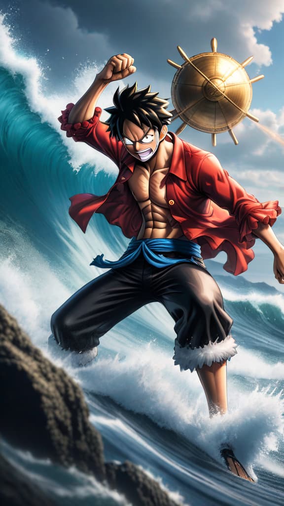  luffy from one piece sending akainu crashing into the ocean with a massive punch, intense anime art hyperrealistic, full body, detailed clothing, highly detailed, cinematic lighting, stunningly beautiful, intricate, sharp focus, f/1. 8, 85mm, (centered image composition), (professionally color graded), ((bright soft diffused light)), volumetric fog, trending on instagram, trending on tumblr, HDR 4K, 8K