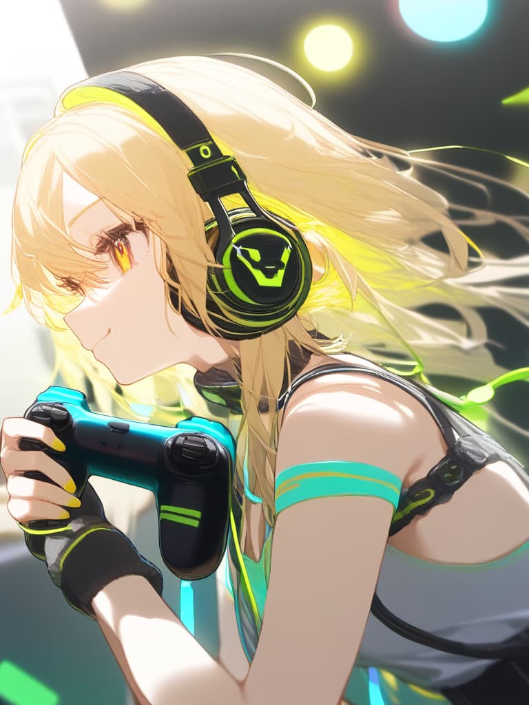  ,(1girl:1.5)(blond hair:2.0)( headphones🎧:2.0)(holding game controller🎮:2.0)( neon color:2.0)high quality,16k,cute face,neon yellow eyes