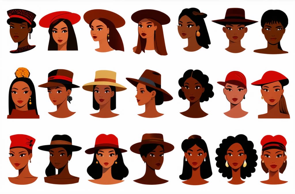  flat illustration, flaticon, (illustration:1.15), different beauty. set of different female heads in hats. different races and nationalities. colored hand drawn illustration ar 3:2, [cory loftis, strobist, pascal campion :: 0.2]