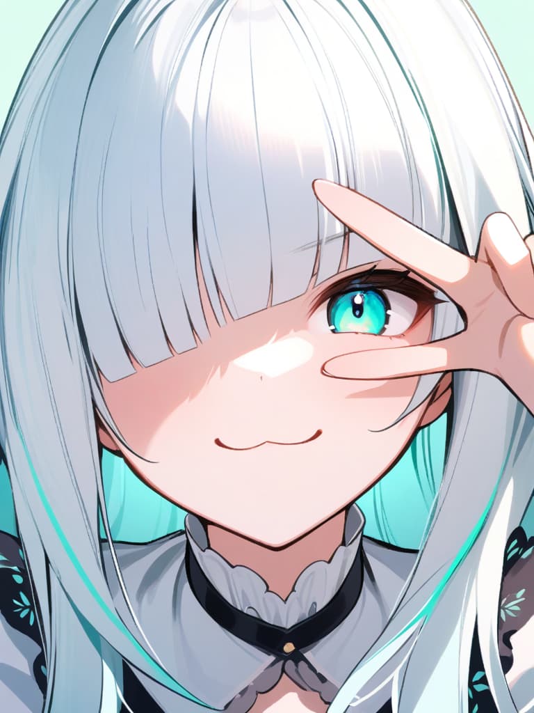  ultra detailed:1.2,masterpiece:1.2,best quality,masterpiece,bestquality,hdr:1.1,8k:1.1,very cute girl:1.3,(peace sign hand to over eye:1.7),(fingers between eye:1.3),grin smile,(close mouth,:3:1.2),(frill sundressy:1.4),upper body,(face focus:1.4),(bangs diagonal cut:1.2),(blunt bangs:1.6),((white long hair:1.7)),(light aqua background color:1.4),hair band:1.3,hair pin,forehead:1.3,(dutch angle:1.4)(aqua eyes:1.4)