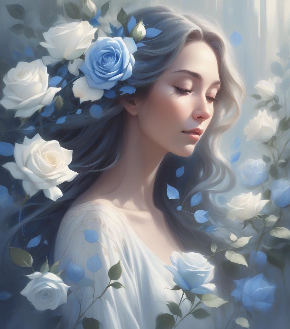  concept art a serene woman with flowing hair holds blue and white roses, surrounded by soft light and delicate leaves, embodying grace and beauty in a captivating portrait . digital artwork, illustrative, painterly, matte painting, highly detailed