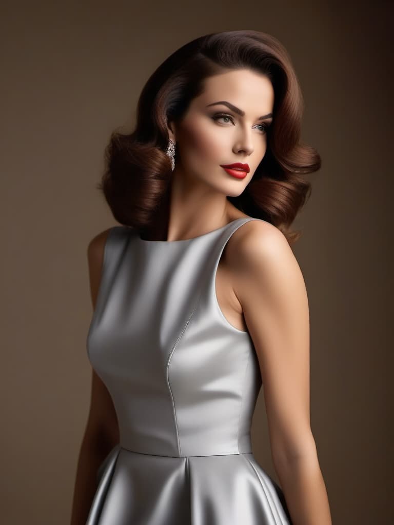  create an image of a striking young woman with clasic mid 20th century beauty. she has brown, shoulder length hair, styled in soft, elegant waves, typical of the 1950s or 1960s glamour. her eyes are a bright, piercing light gray, framed by dark, well defined brows, giving her an intense yet sophisticated gaze. her facial features are sharp and refined, with high cheekbones, a strong jawline, and full lips. she has a tall and athletic figure, standing confidently, with an air of elegance and strength, reflecting her famous roles. dress her in a tailored, form fitting outfit, like a sleek, high fashion dress or a vintage leather jacket, evoking her iconic roles in action and spy films. the overall mood should radiate confidence, grace, and a 