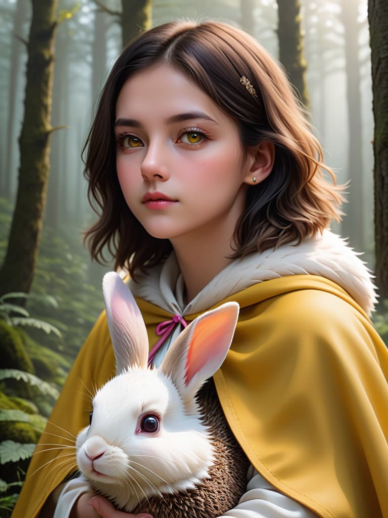  the woods, the rabbit's ears stretch out, holding up the hedgehog, moving softly a small, hairy, white rabbit with bright eyes and pink noses. it wears a bright yellow cape, a small, round hedgehog, a brown coloured prick on its back, and a few timid eyes。 photo realistic, highly intricate and detailed, masterpiece, ultra high res,photography,8k resolution