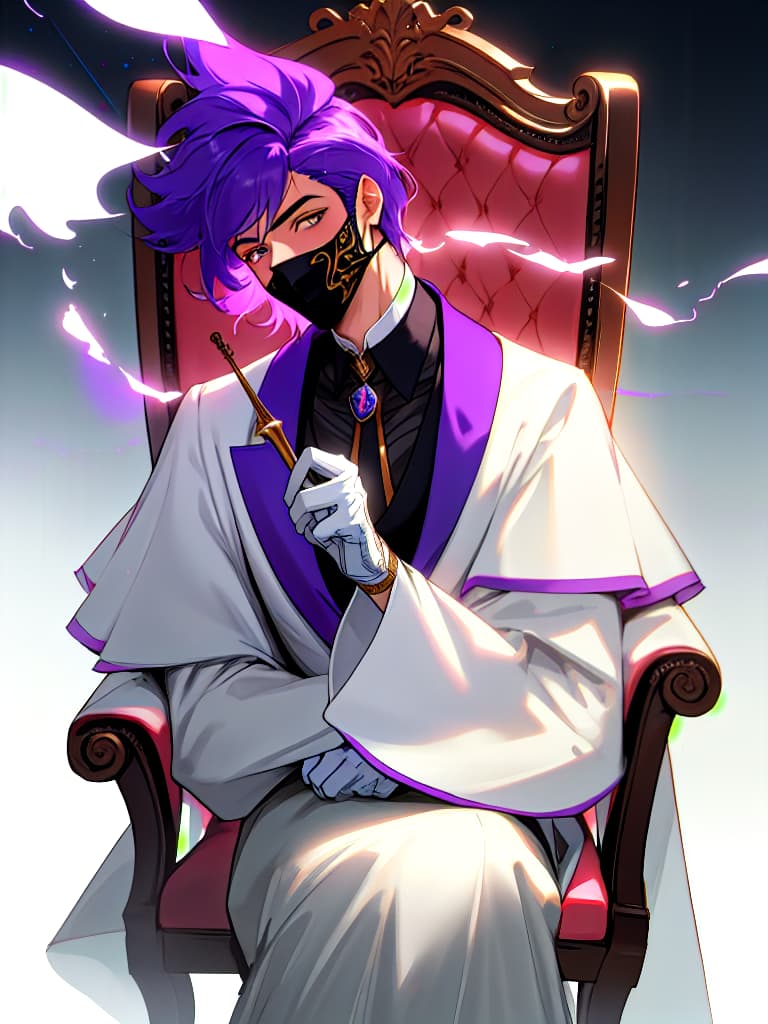  the main color is purple, handsome, masked boy, circus chair, bust up composition, masterpiece, best quality,8k,ultra detailed,high resolution,an extremely delicate and beautiful,hyper detail hyperrealistic, full body, detailed clothing, highly detailed, cinematic lighting, stunningly beautiful, intricate, sharp focus, f/1. 8, 85mm, (centered image composition), (professionally color graded), ((bright soft diffused light)), volumetric fog, trending on instagram, trending on tumblr, HDR 4K, 8K